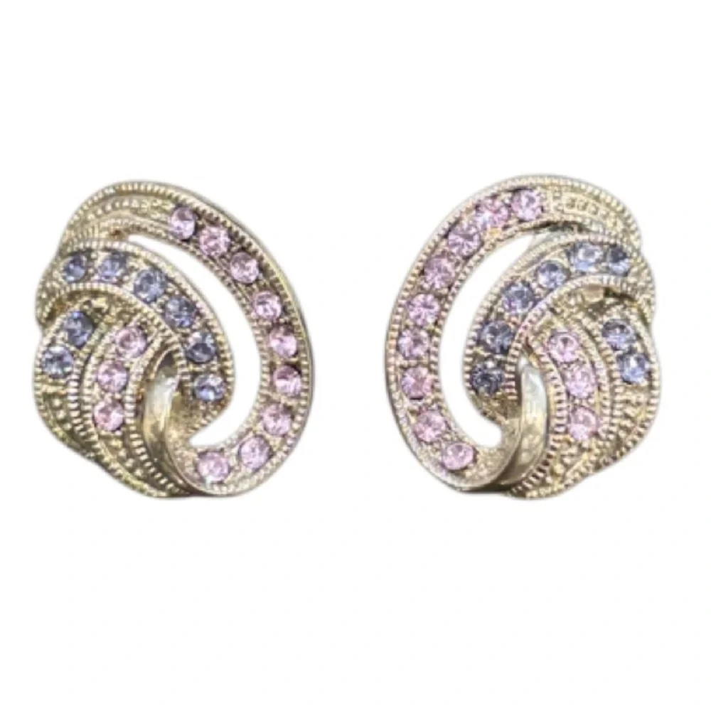 Vintage Earrings Sparkling Pink Purple Crystal Cubic Zirconia Formal Swirl Knot - Picture 8 of 16